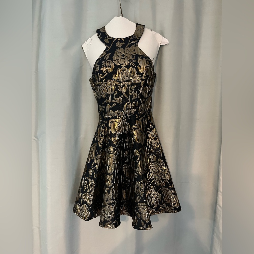 Navy and Gold Floral High-neck Dress